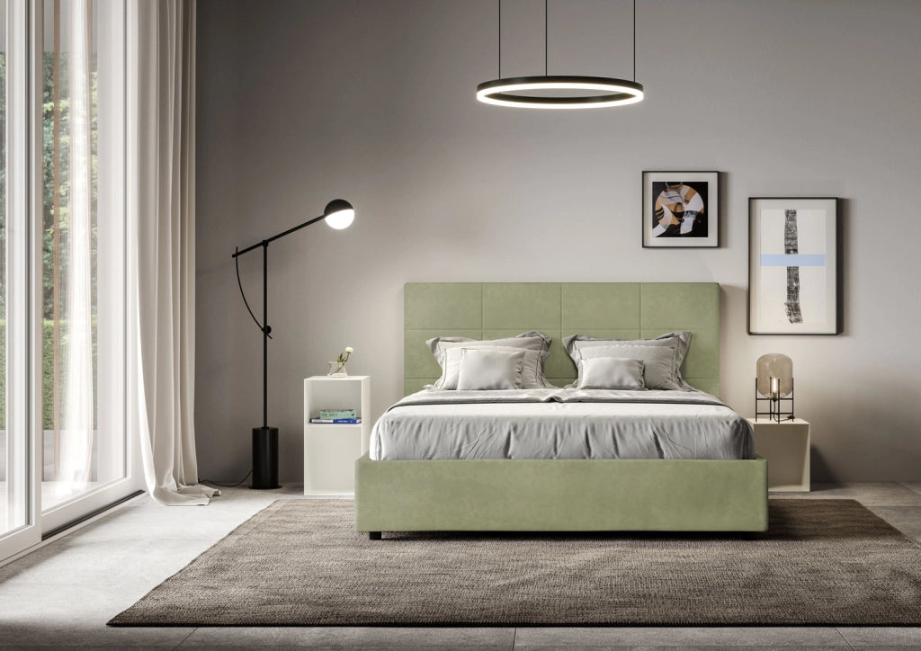 BS COM Letto matrimoniale king size con rete imbottito 170x210 microfibra tè verde