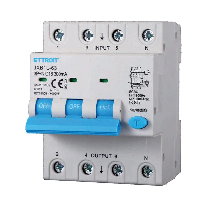 RCBO Interruttore Magnetotermico Differenziale Tipo A Curva C 3P+N 4M 6000A 300mA C16A AC 400V IP20 IEC61009-1