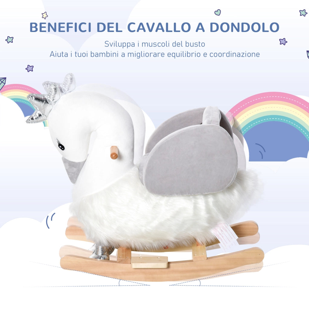 Cigno a Dondolo per Bambini ¨C zephmum ¨C Bianco e Grigio in Legno e Peluche
