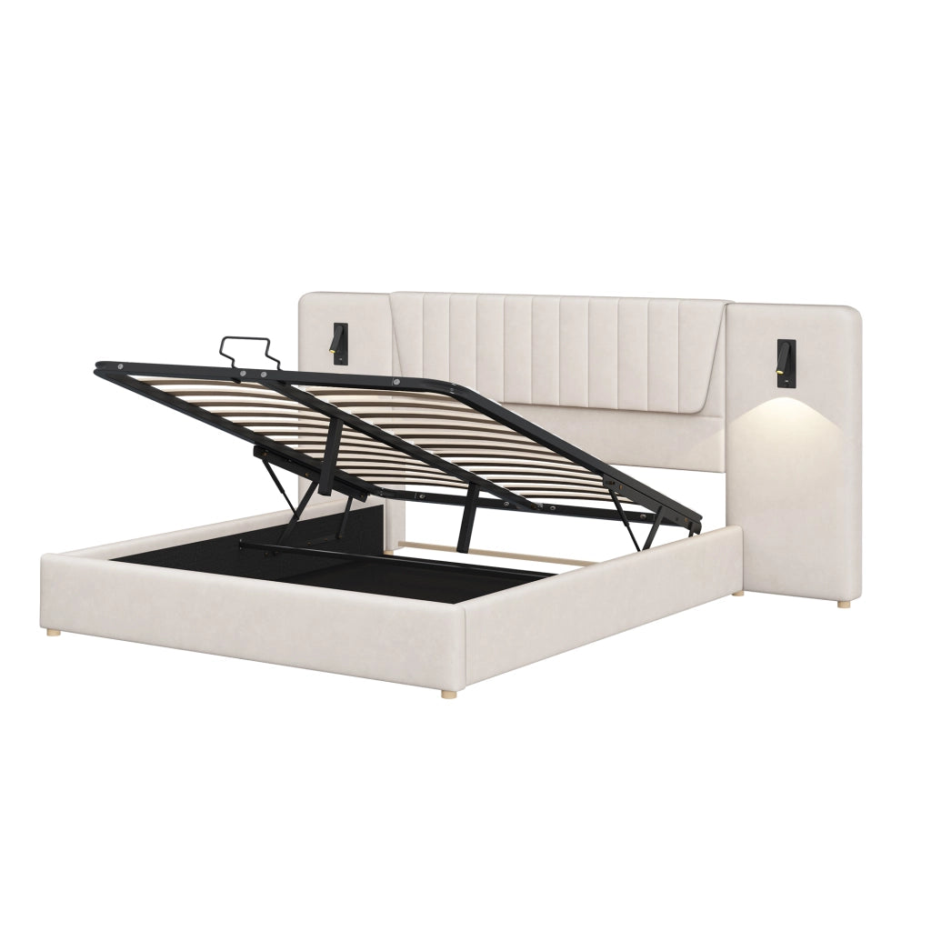 Letto imbottito 180x200cm - Zephmum - Schienale lungo, lampada regolabile, USB, idraulico, velluto, beige