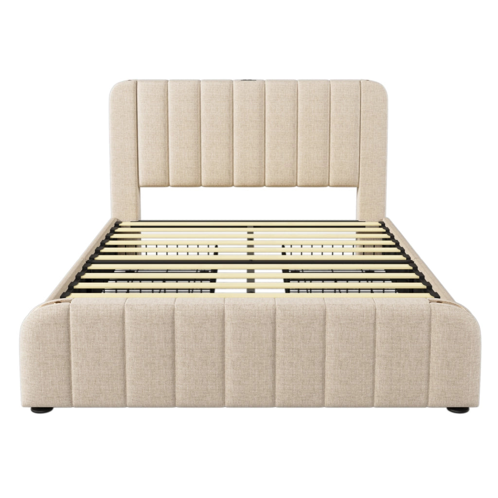 Letto contenitore matrimoniale 160×200 cm con 4 cassetti; USB Type-C e testiera imbottita; materasso incluso; beige