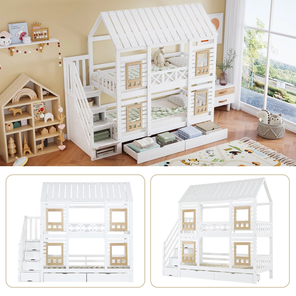 OKWISH Letto a Castello 90×200 cm, Letto Singolo con Finestre, 2 Cassetti, Scala con 4 Vani e Spondine, senza Materasso