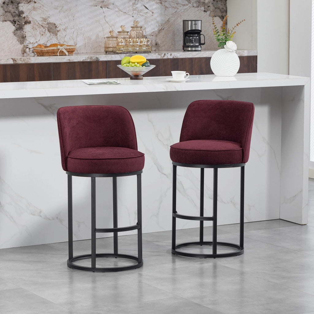 Sgabello da Bar con Schienale Ergonomico e Poggiapiedi, Struttura in Metallo, in Lino Rosso Vino