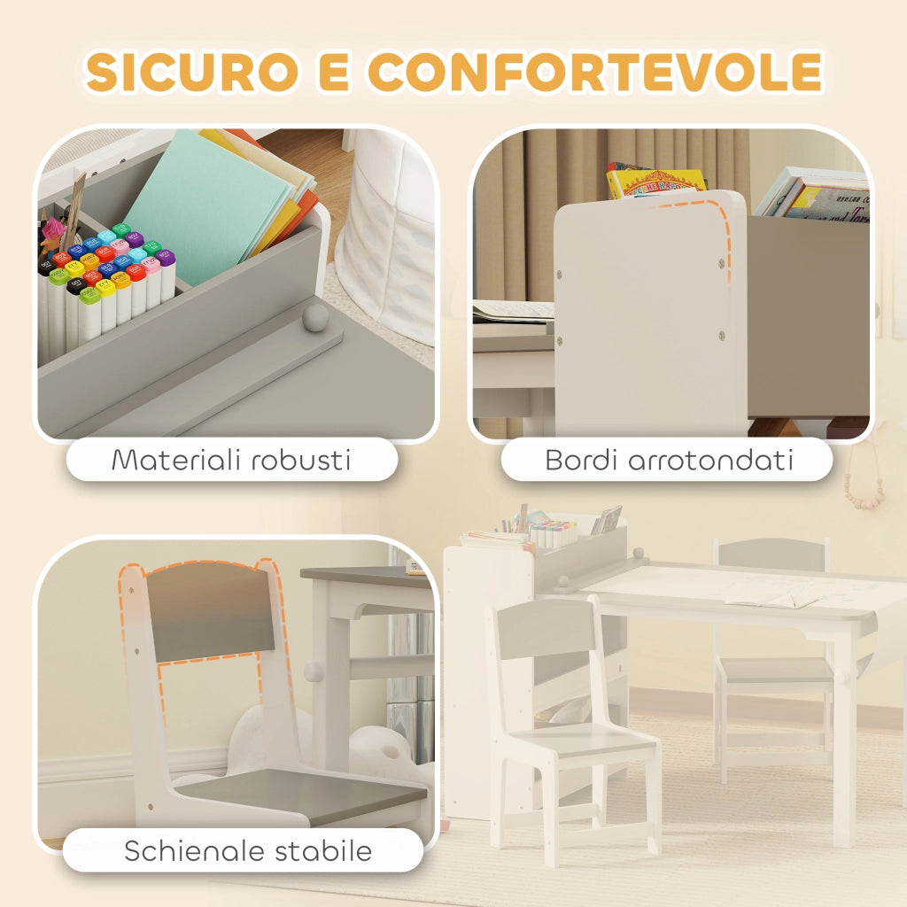 Set Tavolo e Sedie per Bambini con 2 Sedie e Tavolino Contenitore, in Legno e Tessuto non Tessuto, Grigio e Bianco