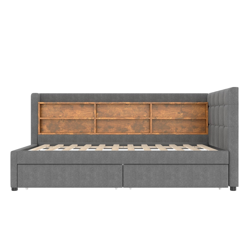 Letto 90x200 cm con 2 cassetti e USB; Type C in lino