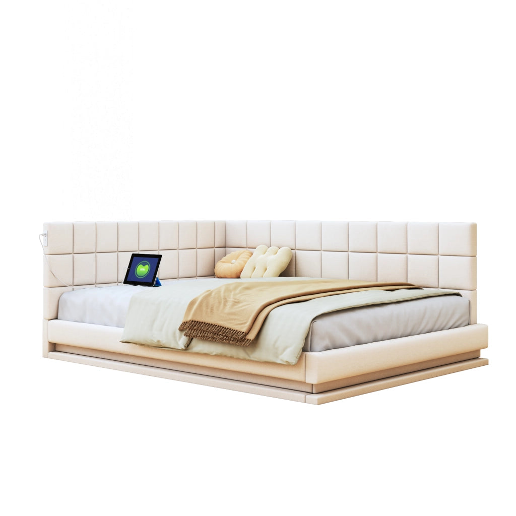 DIVANO LETTO 160x200 cm in tessuto beige con LED e porta USB