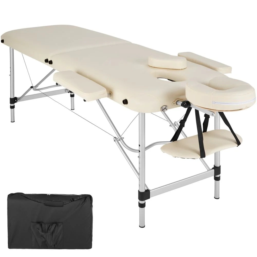 Lettino da massaggio portatile pieghevole in alluminio a 2 sezioni + telo beige 2008133