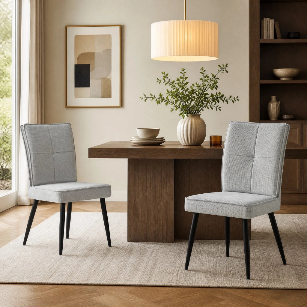 Set di 2 sedie da pranzo in tessuto con motivo pied-de-poule, gambe in metallo, colore grigio chiaro