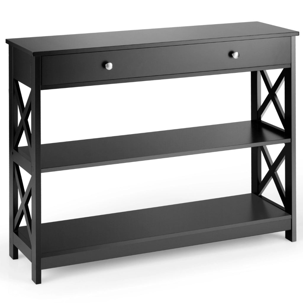 Tavolo da ingresso per salone e corridoio con 1 cassetto e 2 mensole, Tavolino da parete con 3 livelli Nero-Consolle