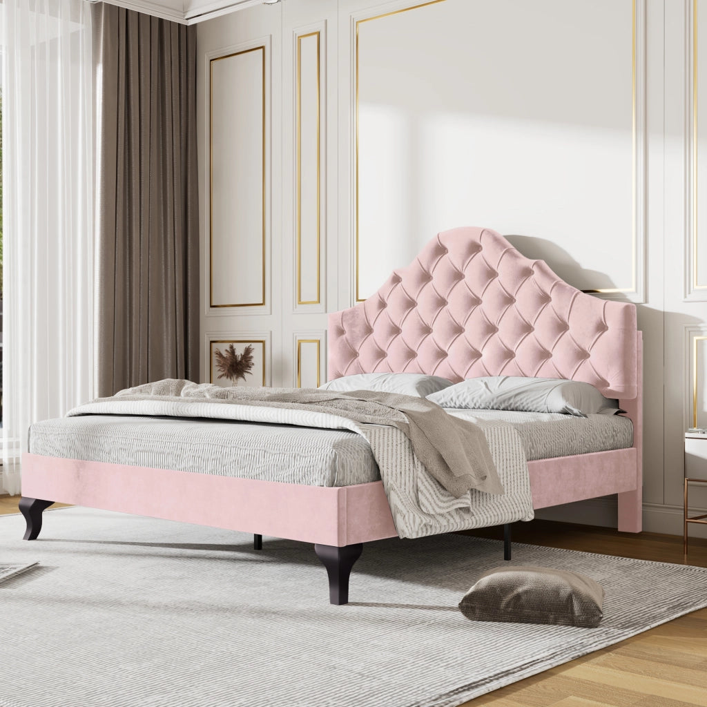 LETTO imbottito 140x200 cm in velluto rosa con rete a doghe e testiera