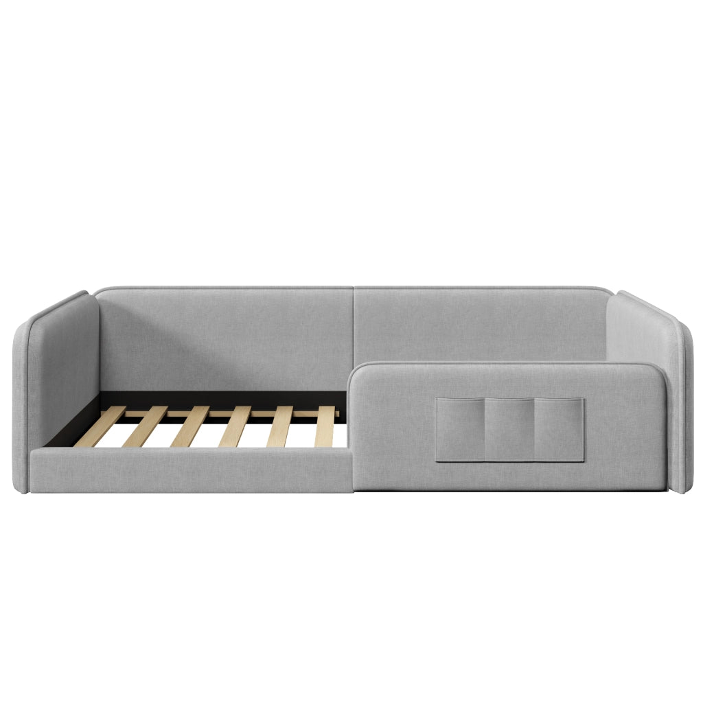 DESMIU Lit simple 90 × 200 cm con tasche portaoggetti, senza materasso, in lino, grigio