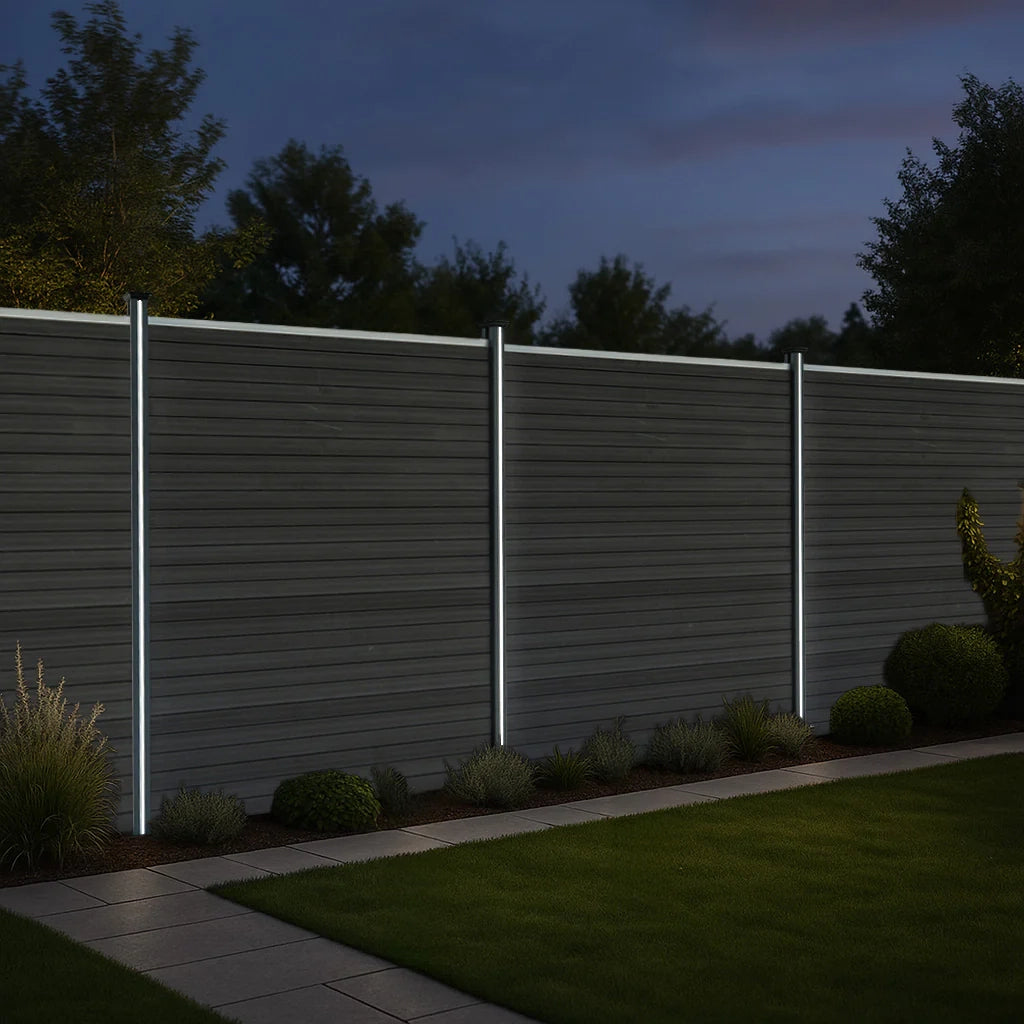 Pannelli Recinzione x4 + 5 Pali Alluminio LED Grigio Doghe PVC 185cm
