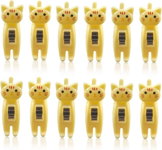 12 clip perfezionatori per snack in forma di gatto, clips per chip, clips per carta, clip per snack, clip per snack in plastica, clip per snack in forma di gatto, clip per snack in plastica gialla.