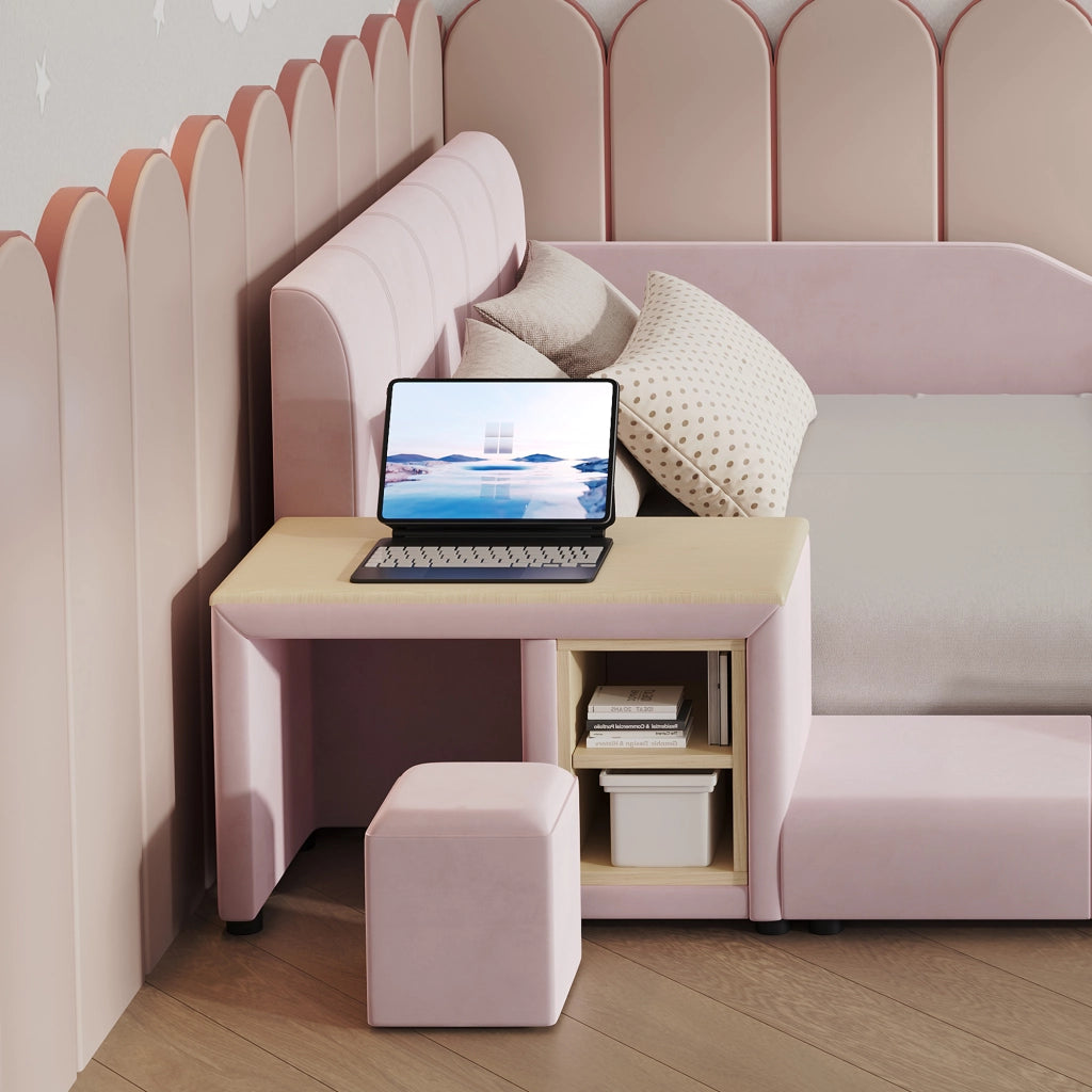 LETTO imbottito 140x200 cm Velluto Rosa con scrivania, sgabello e ripiano