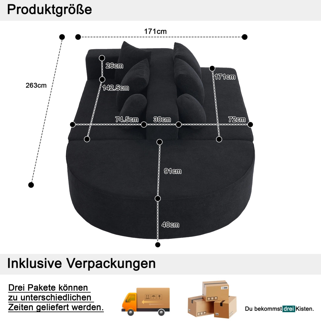 Divano modulare convertibile con 4 cuscini, 2 cuscini rotondi e braccioli, in Chenille, Nero, 263 × 171 × 66 cm