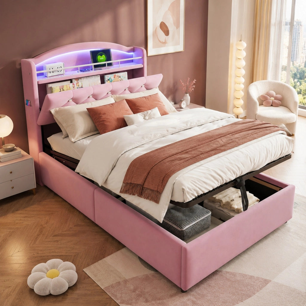 LETTO Imbottito per bambini 90x200 cm Rosa con LED e porte USB