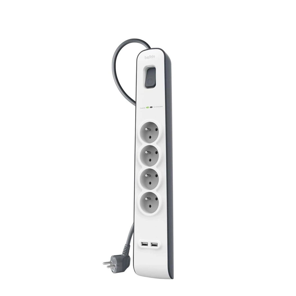 Multipresa Sovratensione 4 Prese / 2 Porte USB-A Cavo 2 m Robusto Bianco / Grigio Belkin