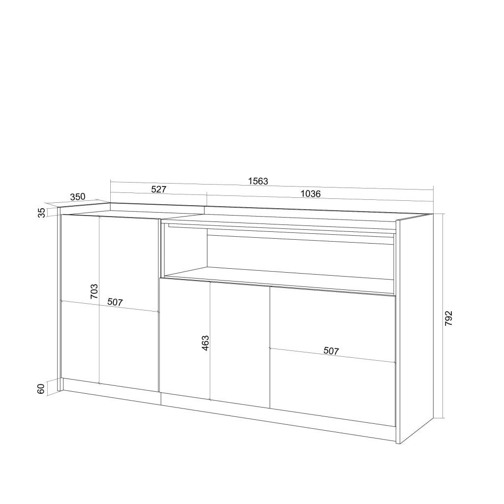 Credenza, Mobile, Cucina, 156x80x37 cm, 3 Porte, grande stoccaggio, Rovere scuro e Nero