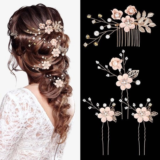 Accessori per Capelli in ABS/IJZERLEGERING - 4 pezzi - Fiori Rosa - Accessori per Capelli con Cristalli - Copricapo - Capelli Alto - Dimensioni:  - Materiale: ABS/IJZERLEGERING - Modello: Haarkam