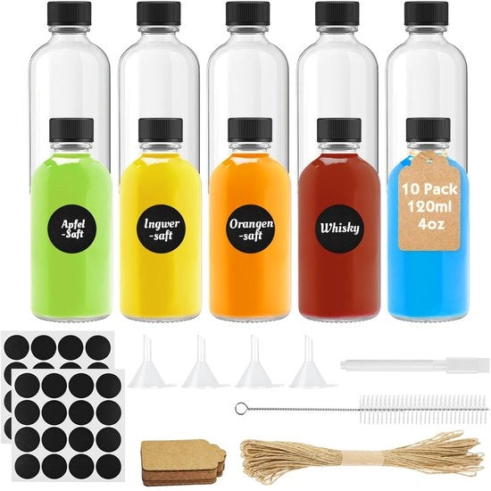 Set di 10 bicchieri in vetro da shot 120ML - bottiglie riutilizzabili con tappo e etichette