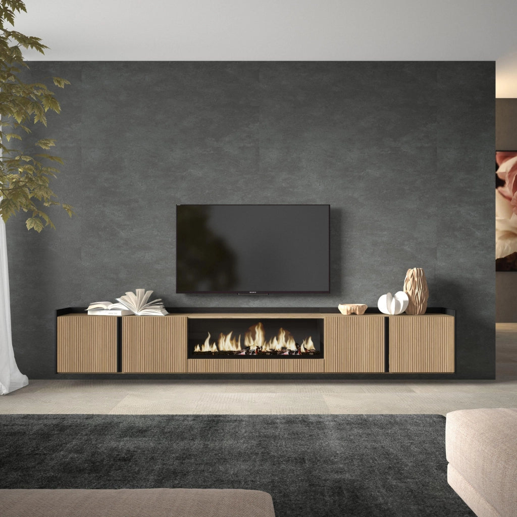 Mobile TV Soggiorno, 315x50x35 cm, Per TV fino a 80", Camino elettrico XXL, Sospeso, da appendere, Rovere e nero