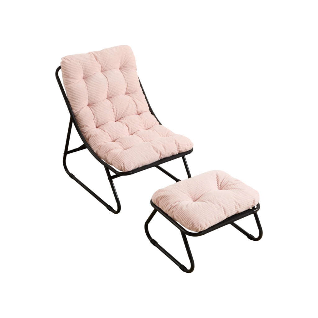 Sedia a dondolo da esterno con cuscino spesso; struttura in acciaio nero e seduta rosa 75x116x82 cm