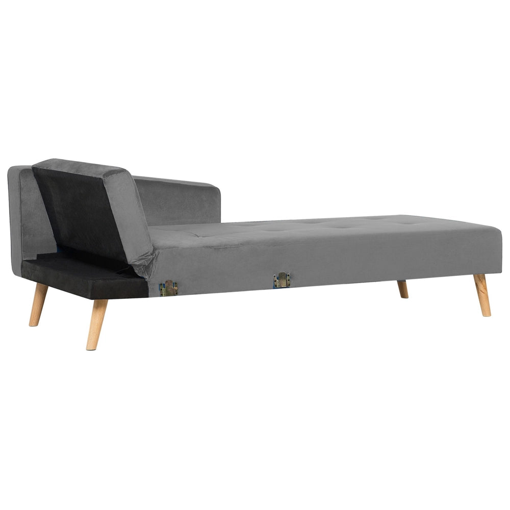 Divano letto ad angolo con 3 cuscini Rivestimento in velluto grigio Gambe in legno chiaro Chaise longue reclinabile sinistra a 4 posti