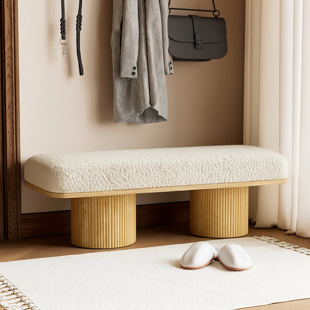 Panca imbottita 122 cm en teddy fleece con base in legno massiccio, seduta morbida per ingresso e camera, naturale