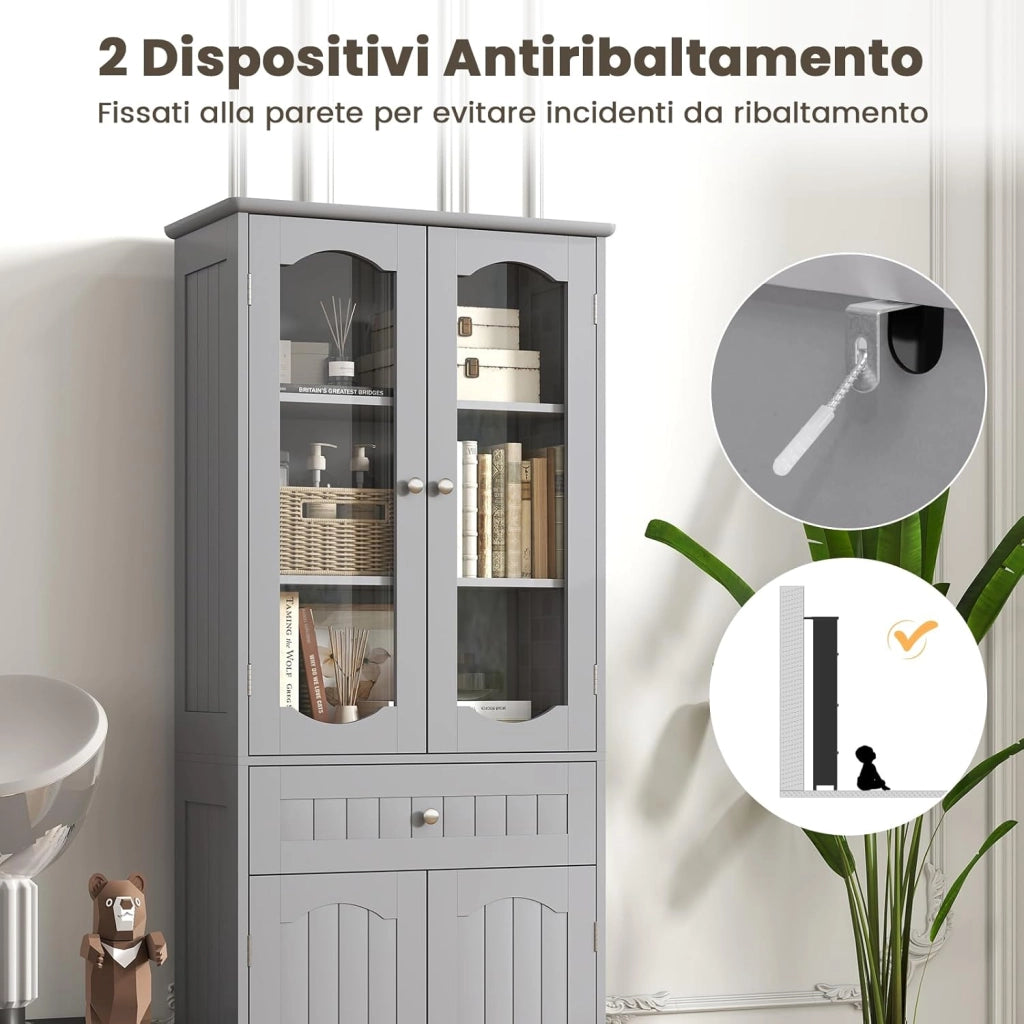 Armadietto Salvaspazio 60 x 30 x 160cm, Mobile Bagno con 2 Ripiani Regolabili, Cassetto e 2 Porte in Vetro Temprato, Armadio da Bagno per Ufficio, Soggiorno e Camera da Letto, Bianco (Grigio)
