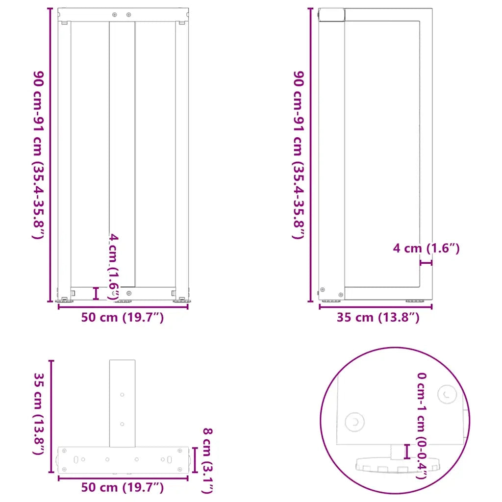 Gambe per tavolo da bar a forma di T 2 pz nere 50x35x(90-91) cm in acciaio 4013076