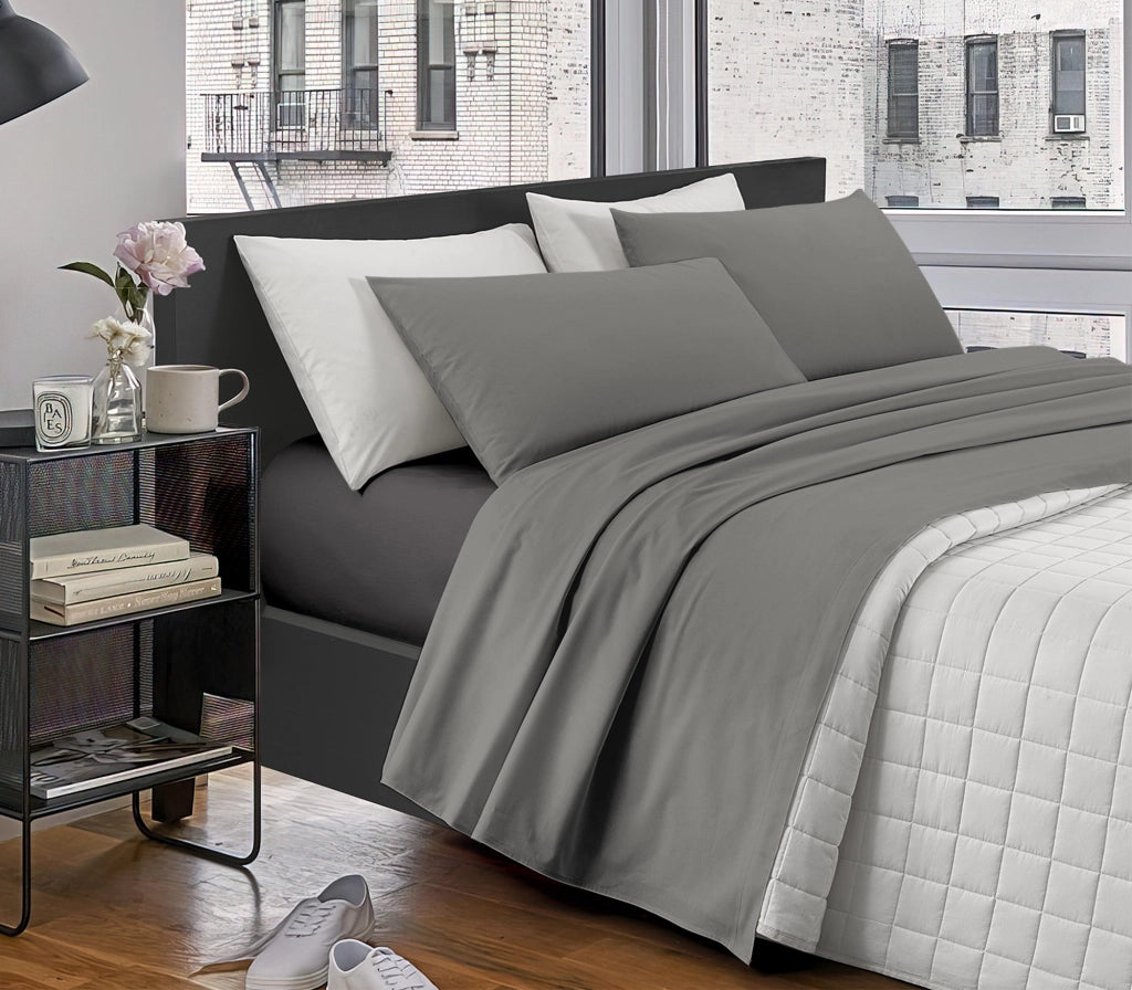 Completo Letto Lenzuola Matrimoniale,100% Cotone, Set letto, Lenzuolo Sopra, Sotto e Federe 2 Piazze Grigio Scuro