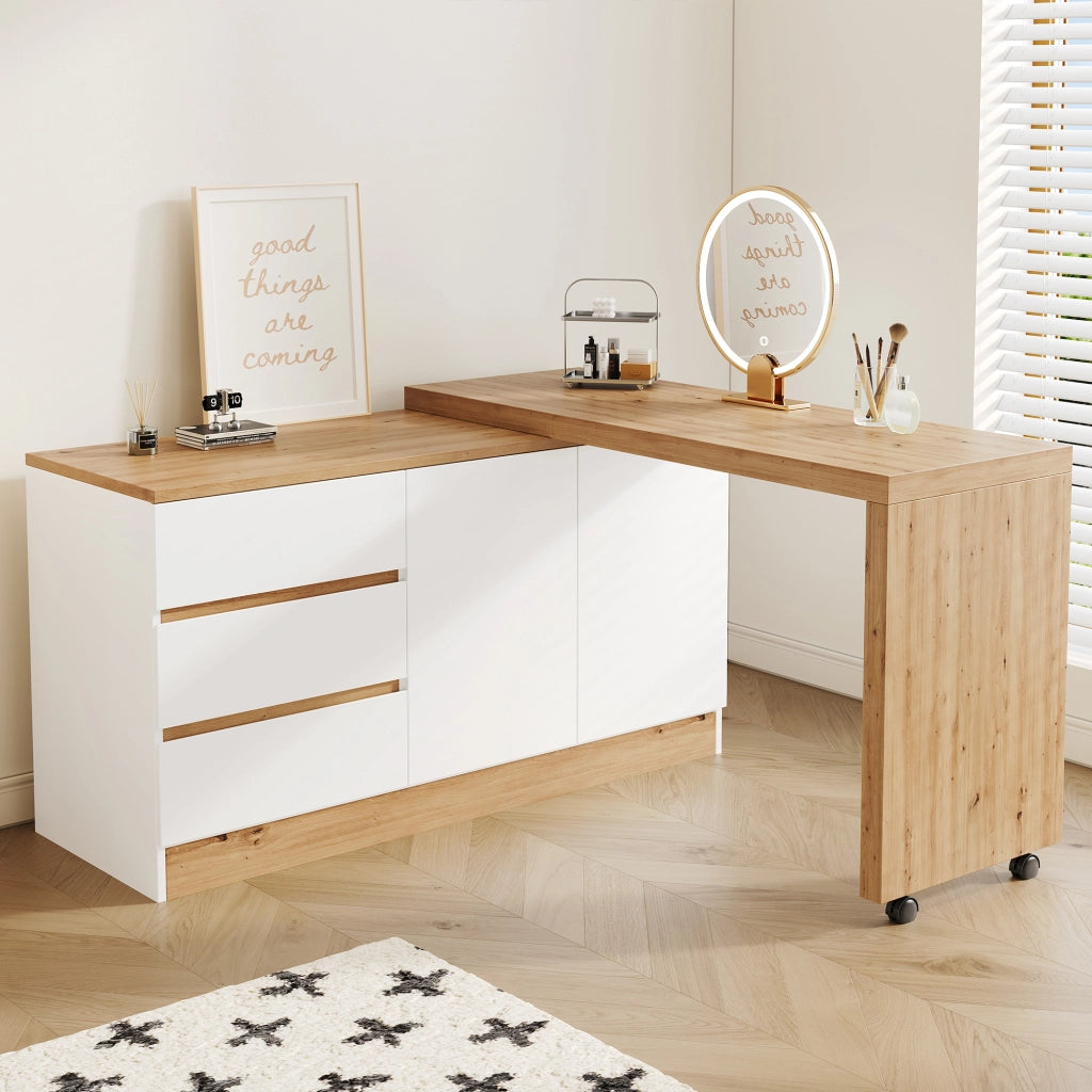 Scrivania pieghevole girevole con 2 porte e 3 cassetti, ruote frenanti, rovere e bianco, 120 × 50 × 78 cm