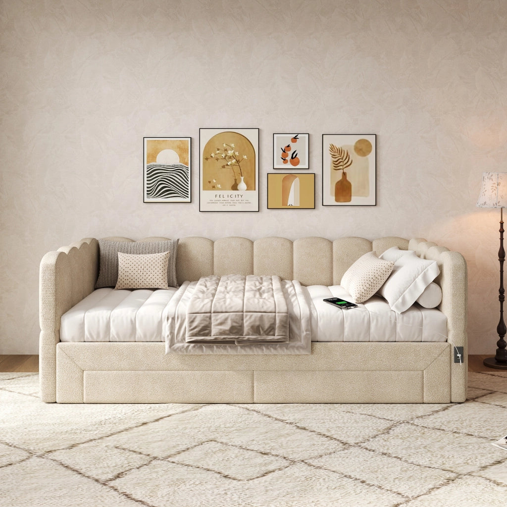 Letto imbottito estensibile - Xylo - 90x190 - Beige - 2 cassetti