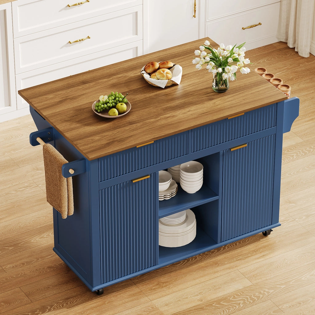 Carrello da cucina con piano ribaltabile, 2 cassetti, 2 ante, ripiani laterali, MDF blu marrone 143 × 45 × 89,5 cm