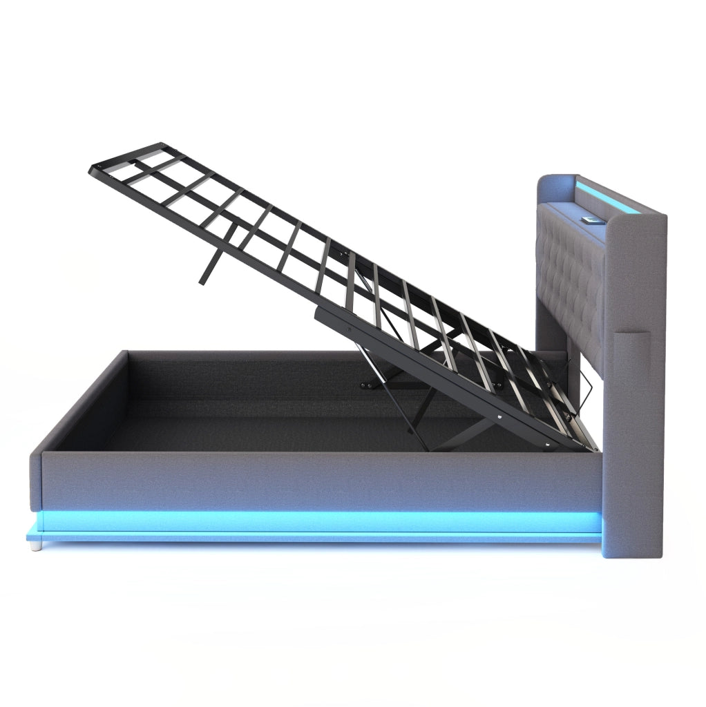 Letto imbottito 140x200 cm con LED, USB e vano contenitore idraulico