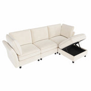 Divano modulare angolare 4 posti - con pouf contenitore e 2 cuscini - in chenille beige
