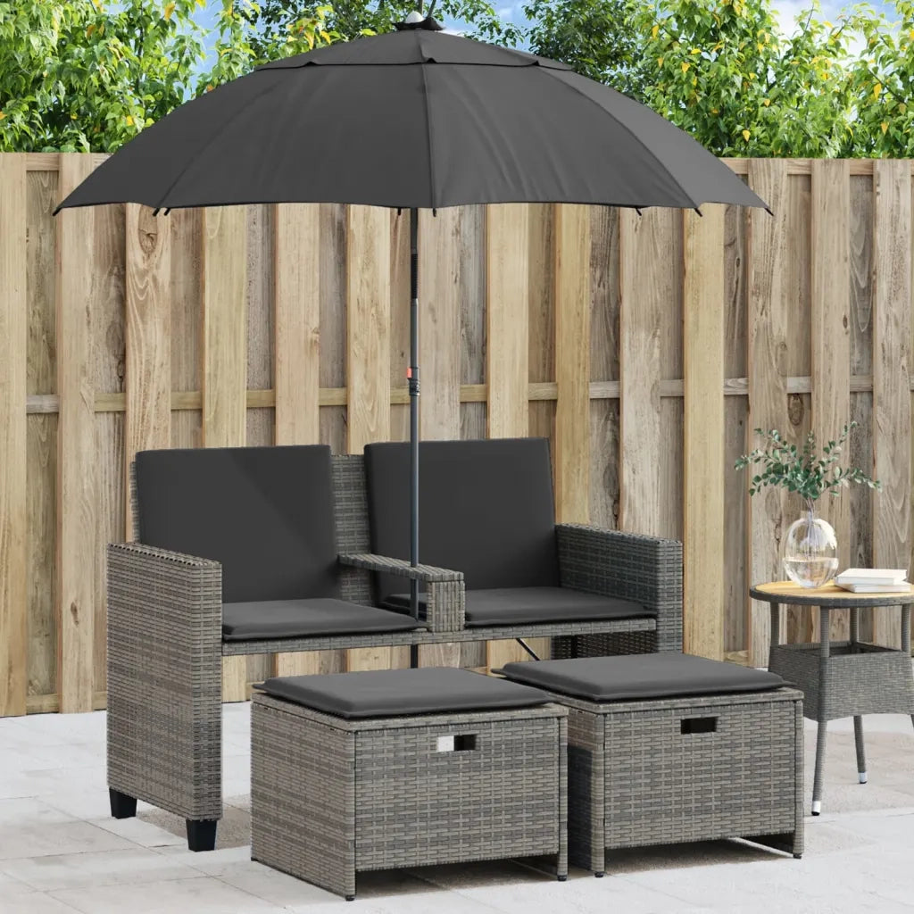 Divano Giardino 2 Posti-Sofa da Giardino-Divanetto da esterno Ombrellone e Sgabelli Grigio Polyrattan