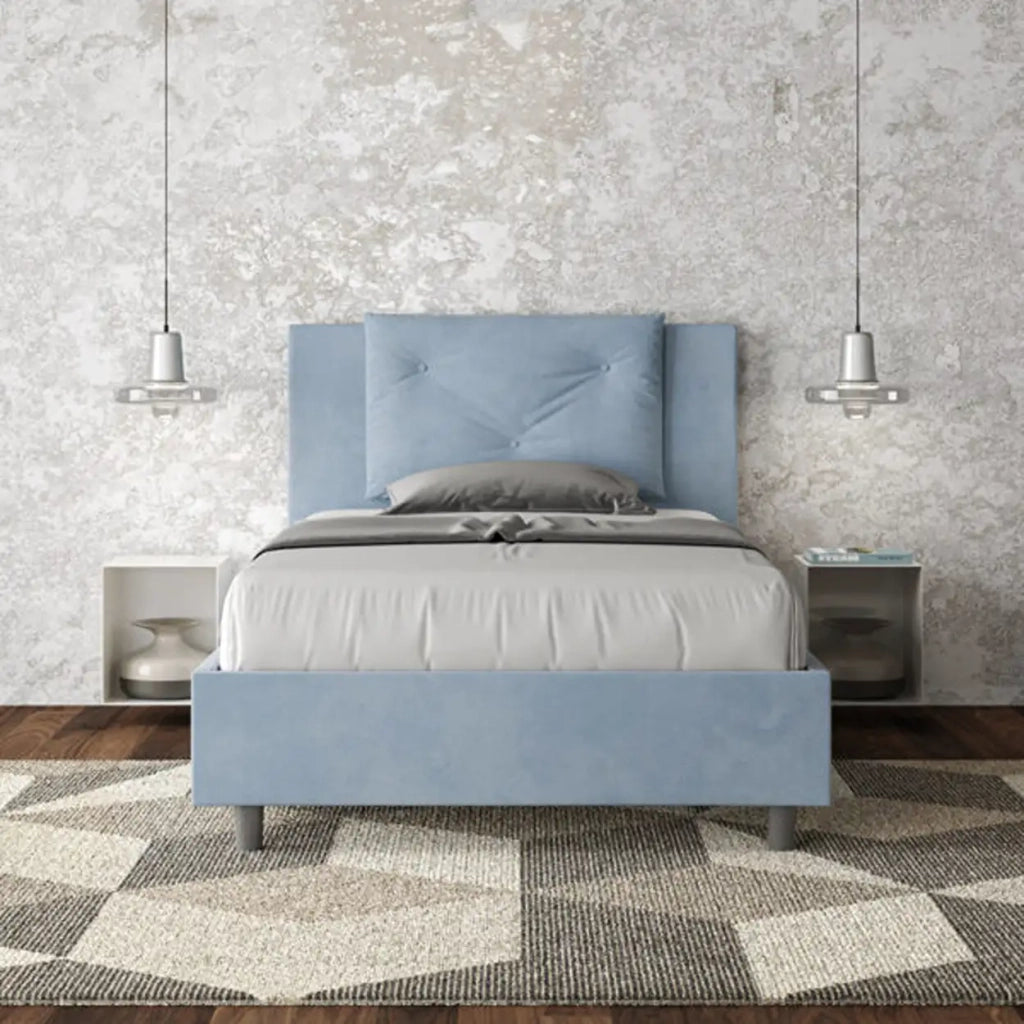 Letto una piazza e mezza senza rete imbottito 120x190 microfibra azzurro Appia
