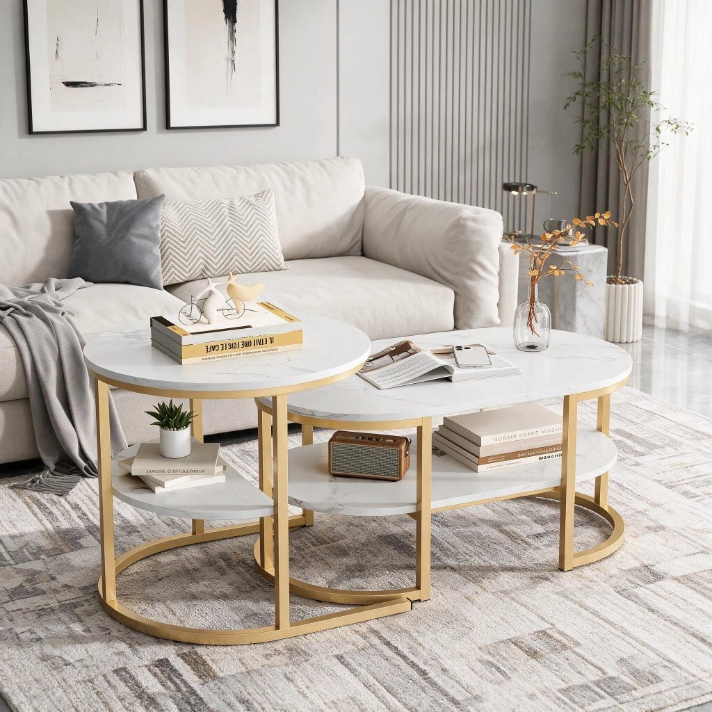 Tavolini da salotto set 2 pezzi con contenitore tavolino pieghevole da divano soggiorno effetto marmo metallo - oro