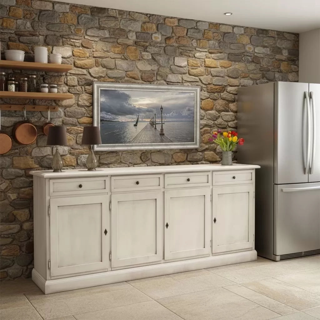 Madia shabby chic bianca in legno 4 porte, bianco invecchiato 205x42x85 - Mobili 2G