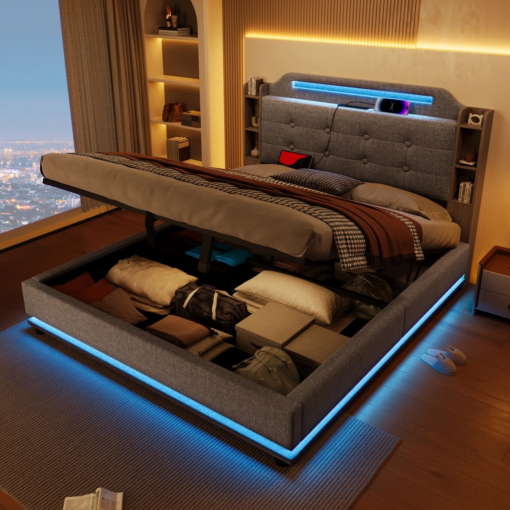 LETTO Imbottito 140x200 cm Grigio in Lino con LED e USB