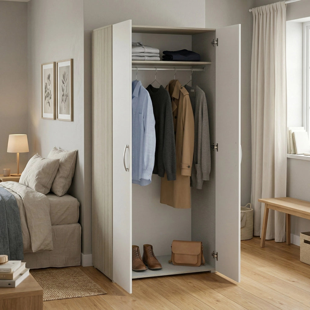 Guardaroba 2 ante Barge, Mobile camera da letto, Cabina armadio portabiti, Armadio appendiabiti, 79x52 h166 cm, Rovere e Bianco opaco