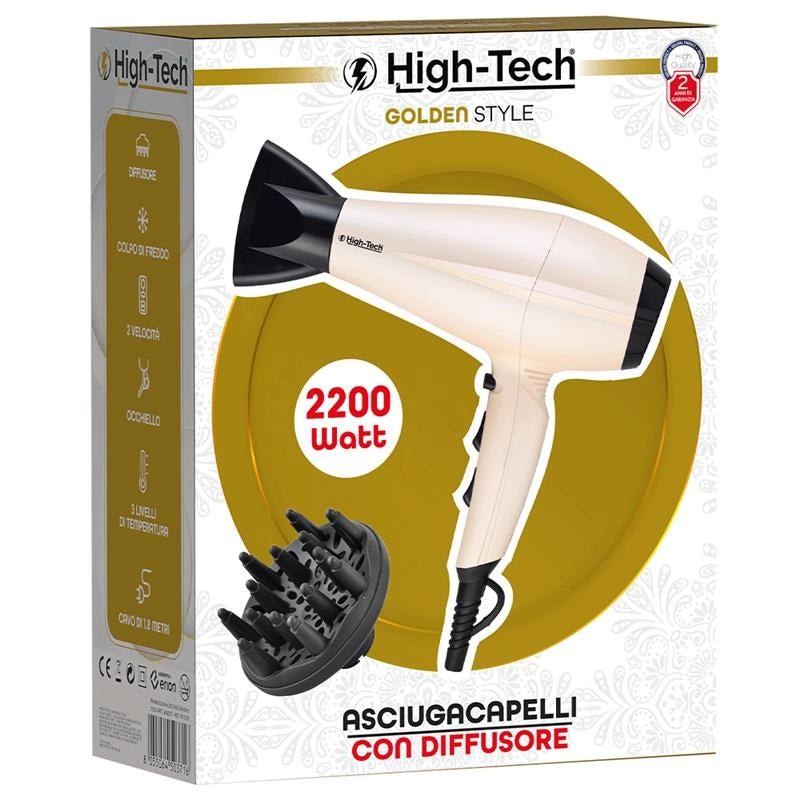 HIGH TECH ASCIUGA CAPELLI 2 VELOCITÀ. COLPO DI FREDDO, CON DIFFUSORE CAVO 1,8MT 2200W