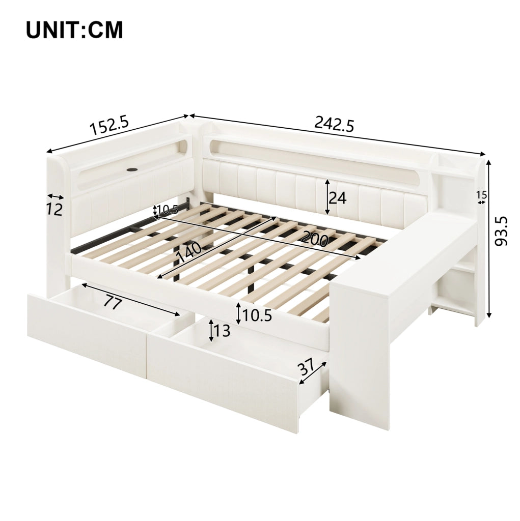 Letto daybed 140x200 cm con LED; porte USB; scrivania integrata e 2 cassetti; bianco