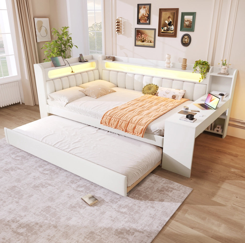 Letto imbottito 140x200 cm con LED, USB, letto estraibile e scrittoio