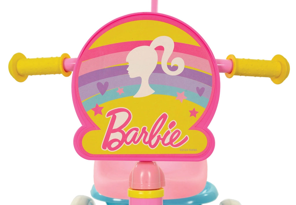 Triciclo a Pedali Primi Passi per Bambini con Maniglione Genitoriale Rimovibile e Vano Contenitore Barbie Rosa