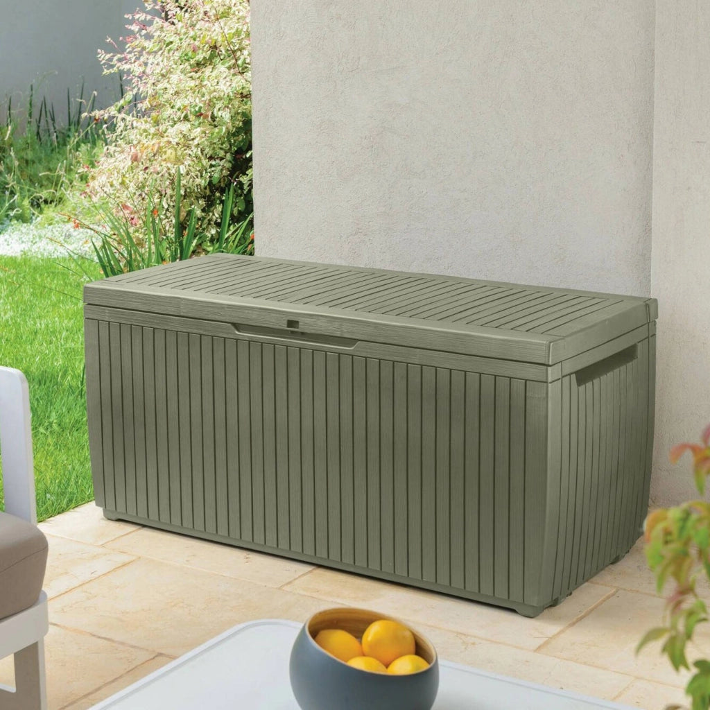 Cassapanca outdoor Burlington, Baule da giardino, Contenitore da esterno, Panchina contenitore da esterno, 123x54 h57 cm, Verde