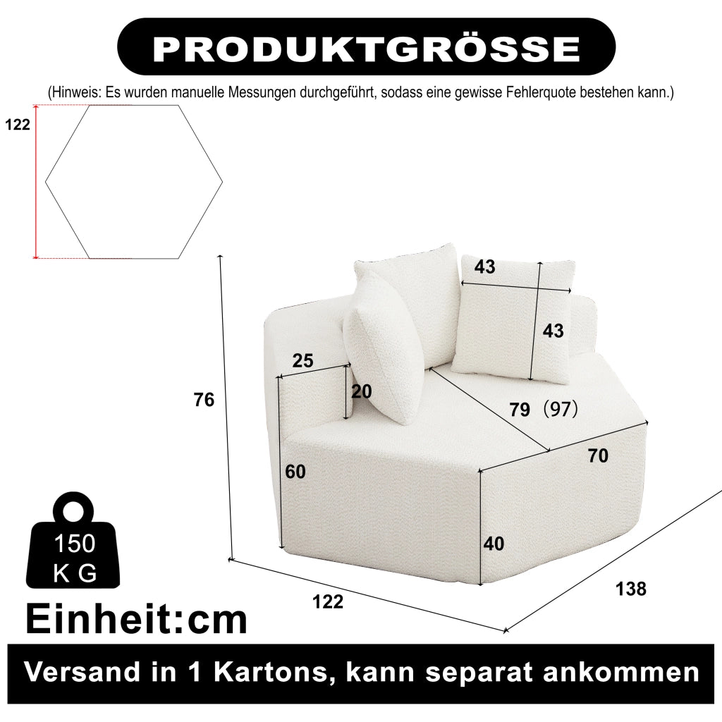Poltrona lounge singola esagonale modulare in chenille beige con 3 cuscini