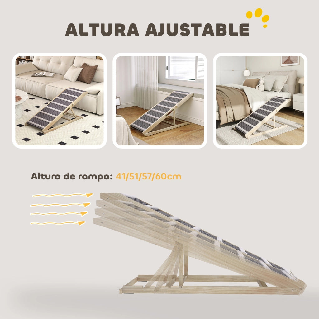 Rampa per Cani Pieghevole Regolabile in Altezza 41-60 cm con Tappetino Antiscivolo ¨C Minimal ¨C Legno