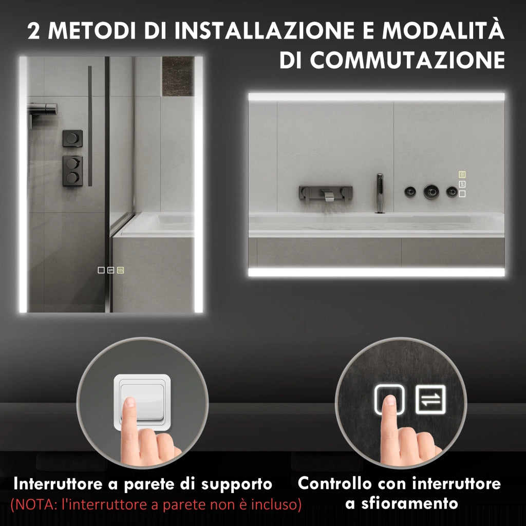 Specchio Bagno con Luce LED ¨C Minimal ¨C Argento 70x50x3 cm